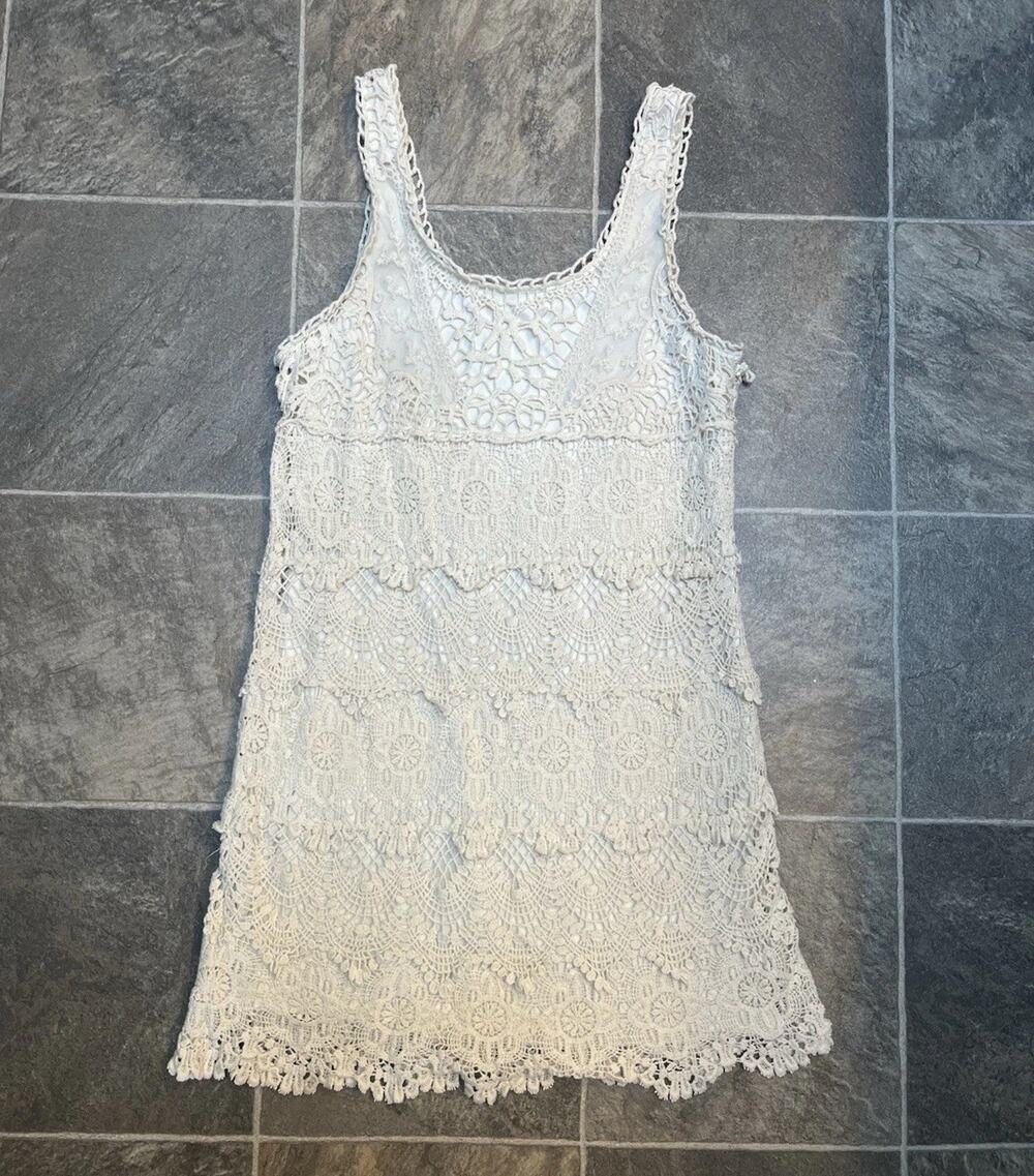 Staring at Stars Crochet Lace Dress Womens M White Boho Cottagecore Tank READ